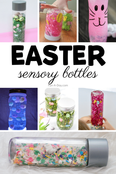 Collage of seven Easter sensory bottle ideas and text that reads Easter sensory bottles.