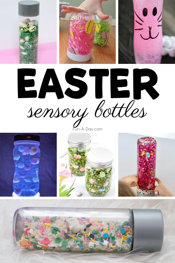 Collage of seven Easter discovery bottle ideas and text that reads Easter sensory bottles.
