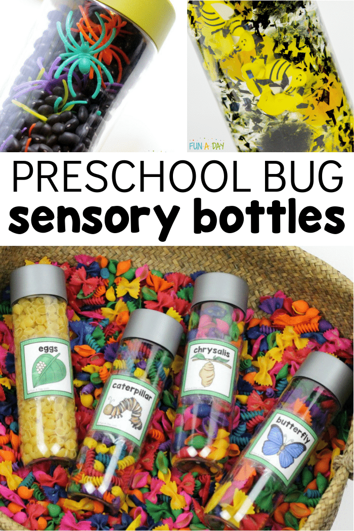Three sensory bottle ideas with text that reads preschool bug sensory bottles.