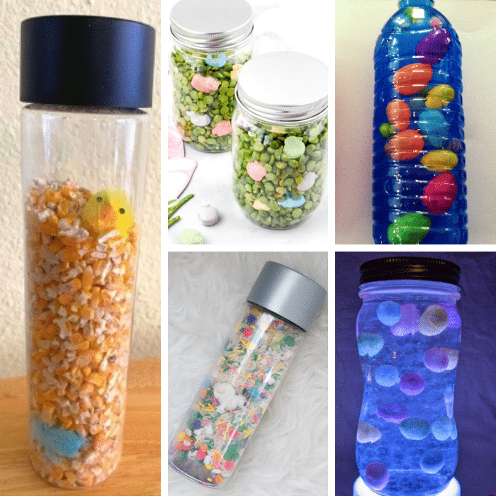 Collage of five Easter sensory bottles.