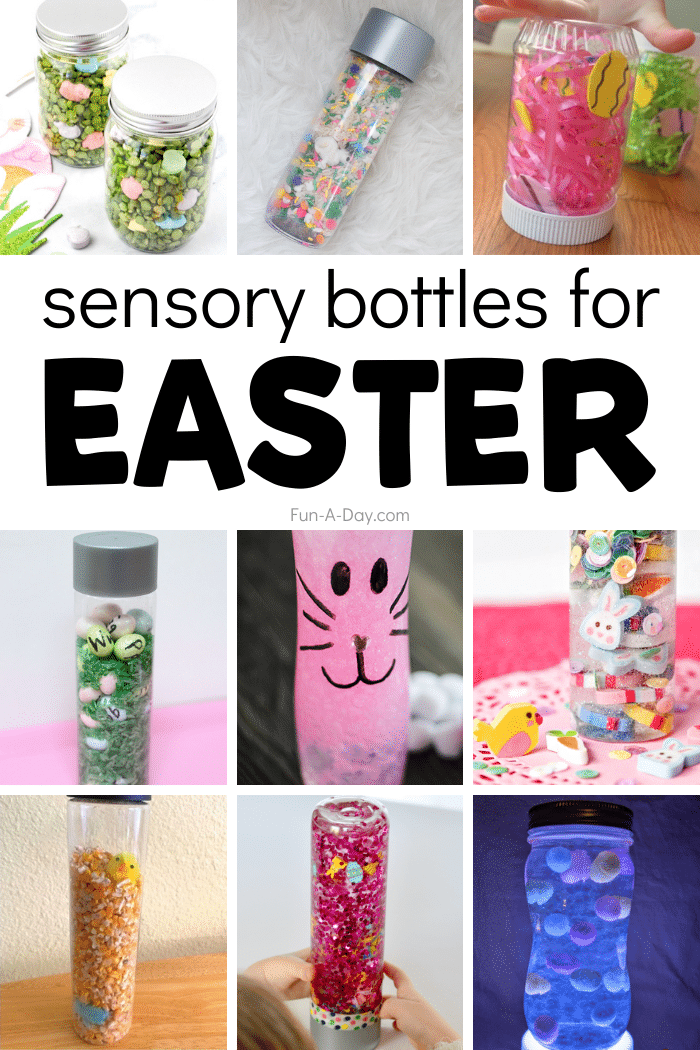Collage of nine Easter sensory bottles with text that reads sensory bottles for Easter.