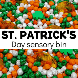 Close up of dyed chickpeas, mini erasers, and gold coins with text that reads St. Patrick's Day sensory bin