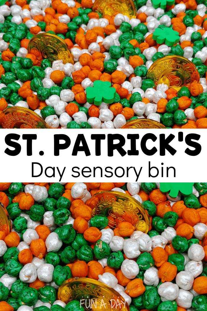 Close up of dyed chickpeas, mini erasers, and gold coins with text that reads St. Patrick's Day sensory bin
