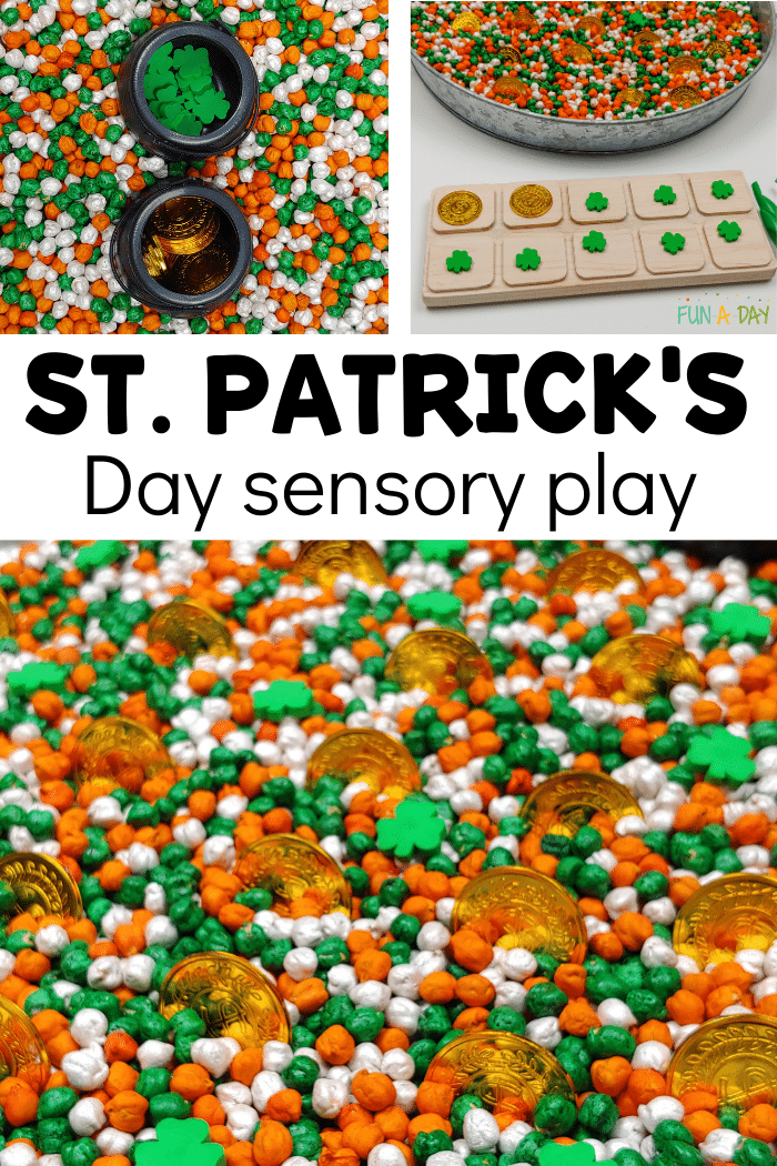collage of Ireland themed sensory bin with text that reads St. Patrick's Day sensory play