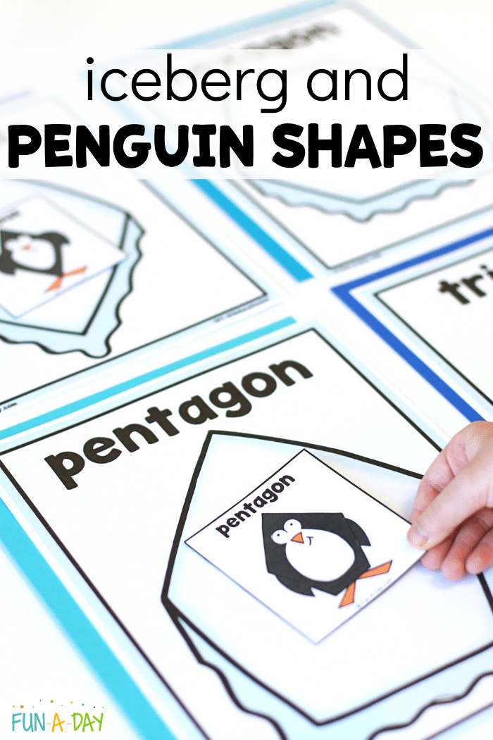Person matching penguin shape cards to iceberg shape mats. Text that reads iceberg and penguin shapes.