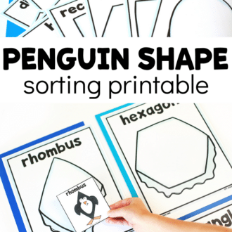 Collage of images related to shape mats and penguin shape cards. Text that reads penguin shape sorting printable.