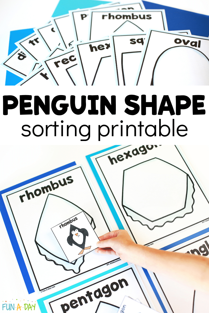 Collage of images related to shape mats and penguin shape cards. Text that reads penguin shape sorting printable.