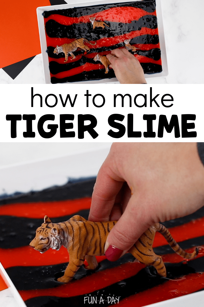 Person playing with toy tigers in the orange and black striped tiger slime with text that reads how to make tiger slime.