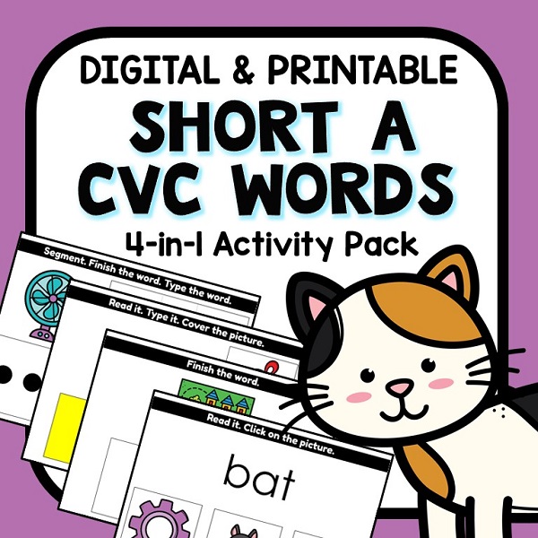 Short A CVC Words 4-IN-1 Activity Pack preschool resource cover.