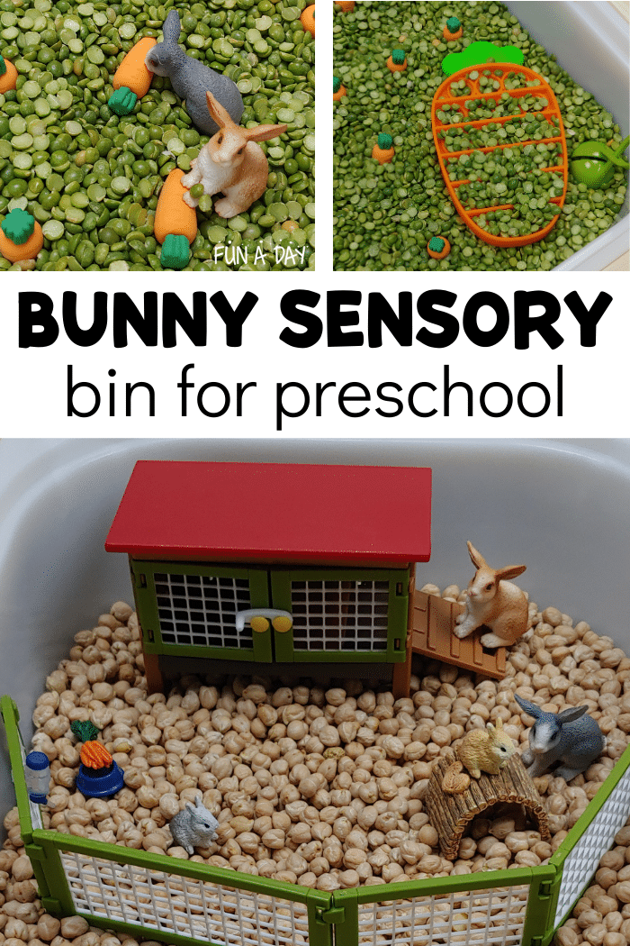 Collage of rabbit small world play activity with text that reads bunny sensory bin for preschool.
