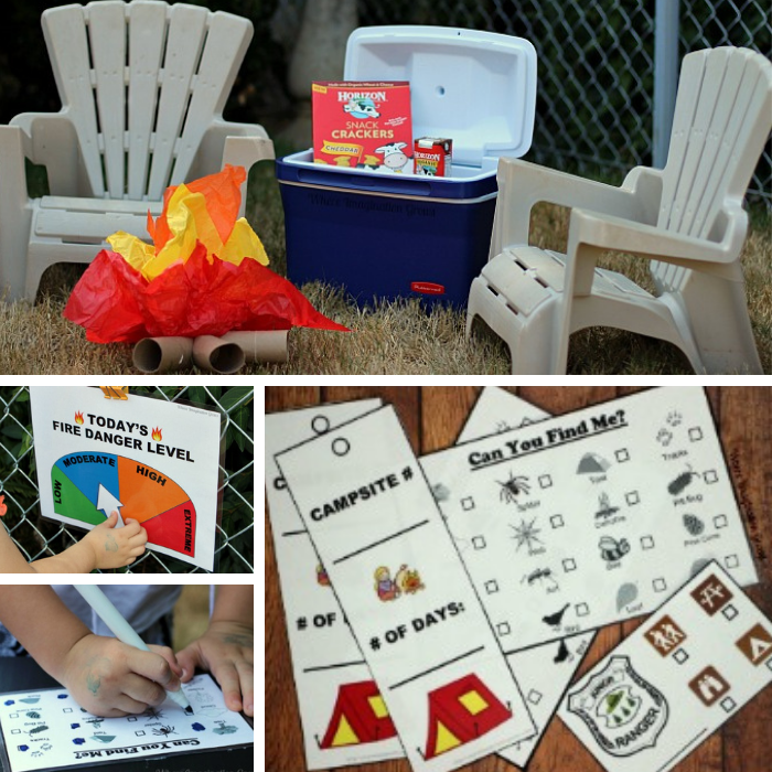 Collage for images of the camping pretend play activities from the camping theme printables collection.