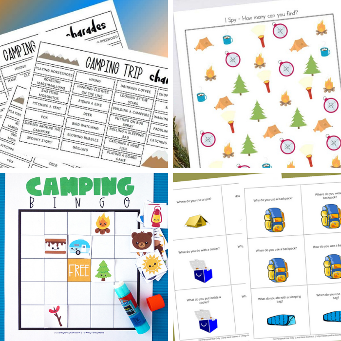 Collage of four images from the camping theme printables collection.
