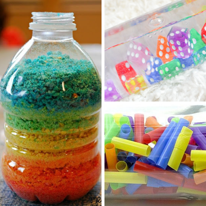 Collage of three rainbow sensory bottles