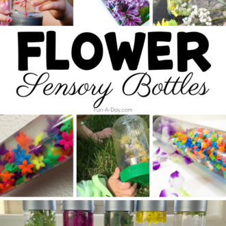 Collage of flower discovery jars with text that reads Flower Sensory Bottles.