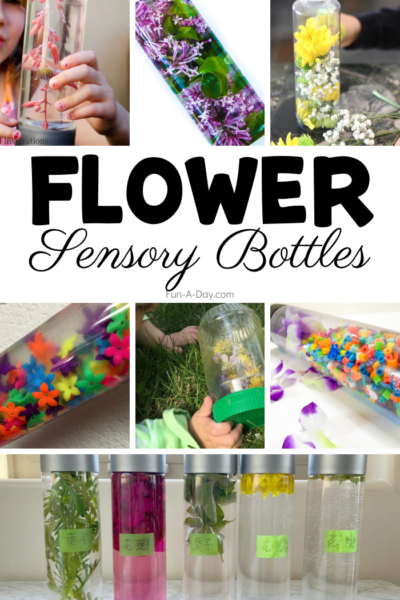 Collage of flower discovery jars with text that reads Flower Sensory Bottles.