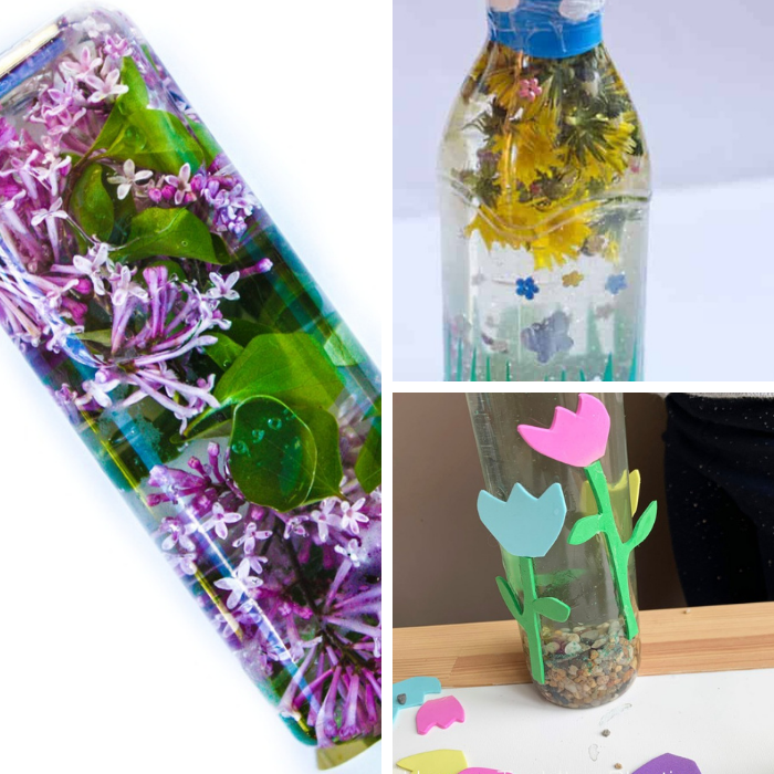 Collage of three flower sensory bottles