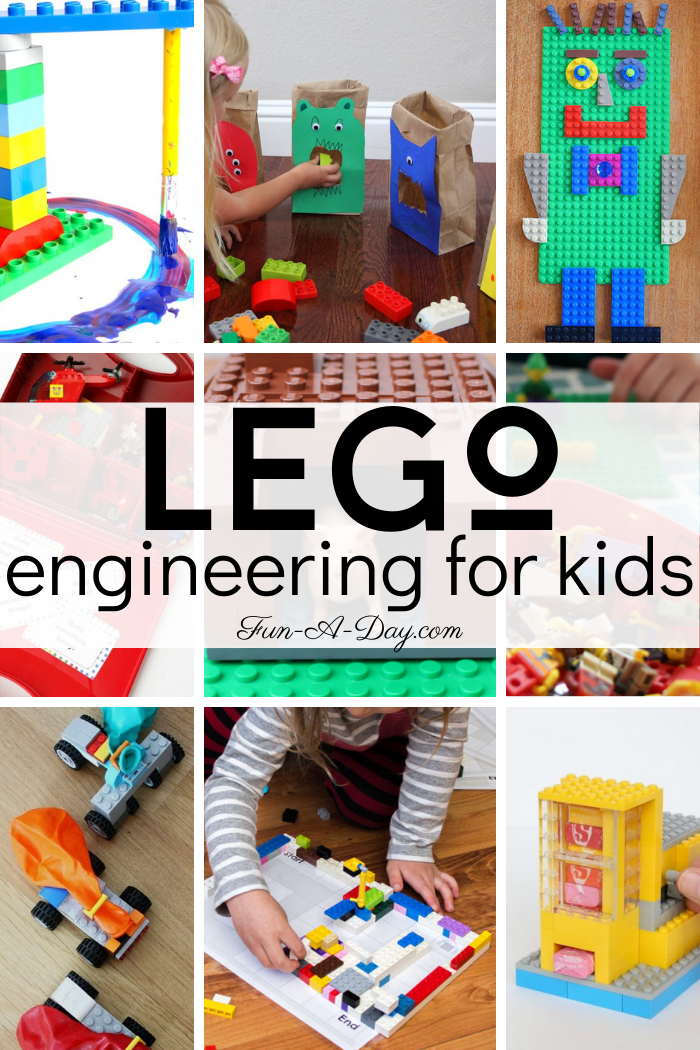 Collage of images from the LEGO engineering challenges collection with text that reads LEGO engineering for kids.