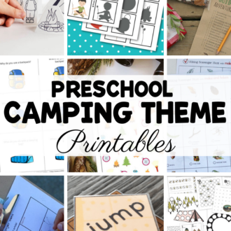 collage of camping ideas with text that reads preschool camping theme printables