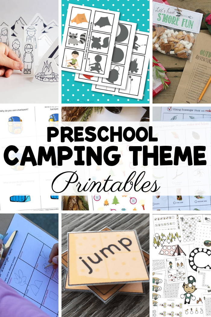 collage of camping ideas with text that reads preschool camping theme printables
