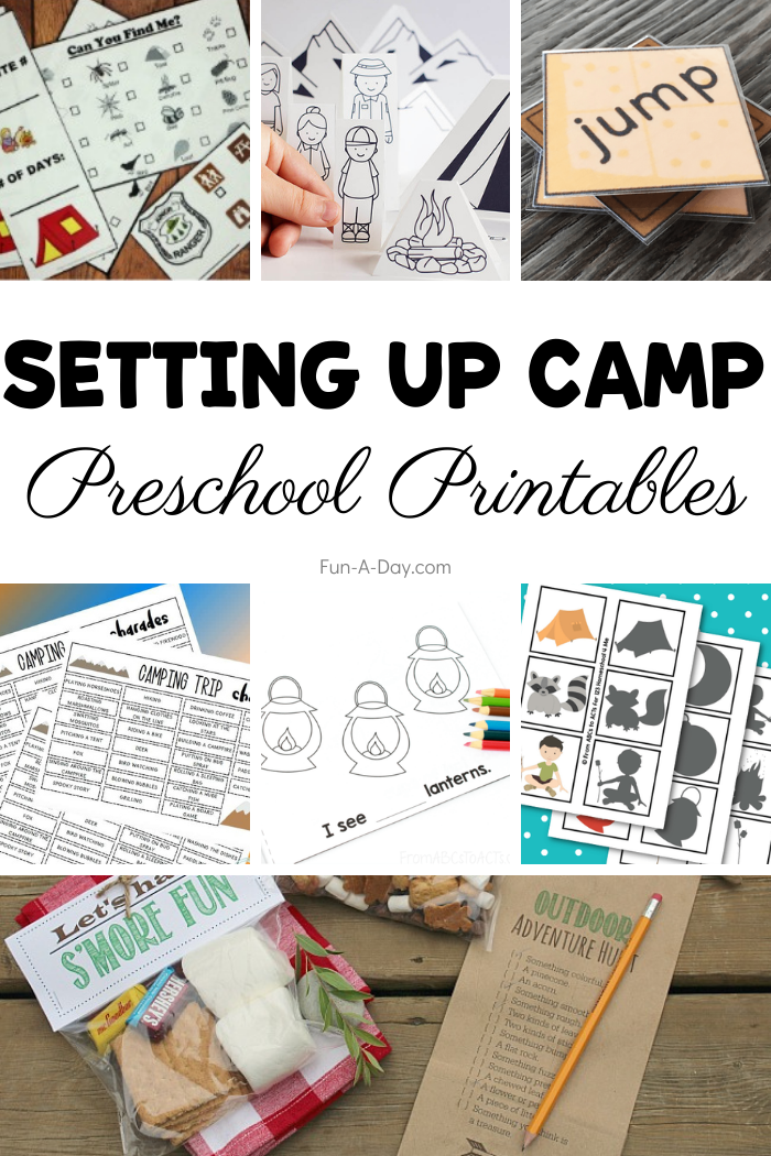 Collage of images from the preschool camping theme printables collection. Text that reads setting up camp preschool printables.