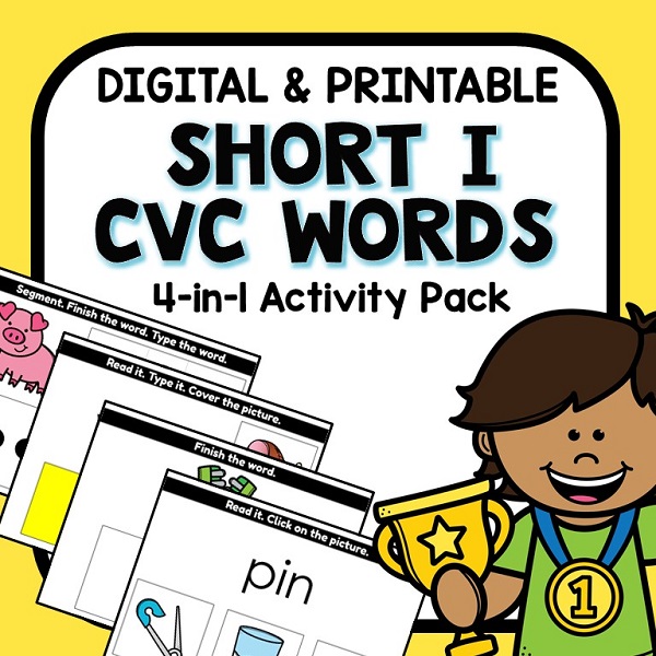 Digital & printable short I CVC words 4-in-1 activity pack preschool resource cover.