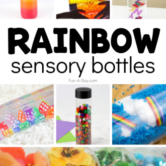 collection of rainbow discovery jars with text that reads rainbow sensory bottles