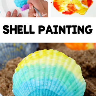 Collage of painted shells with text that reads shell painting