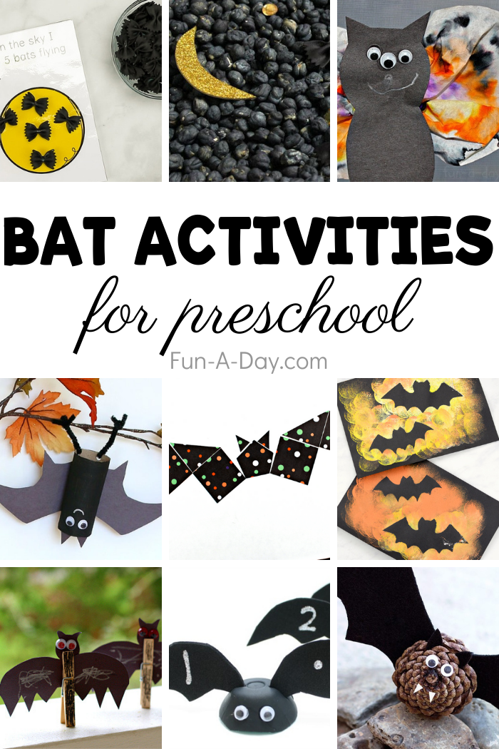 Collage of images from the bat crafts collection with text that reads bat activities for preschool.