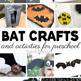 Collage of images from the bat crafts collection with text that reads bat crafts and activities for preschoolers.