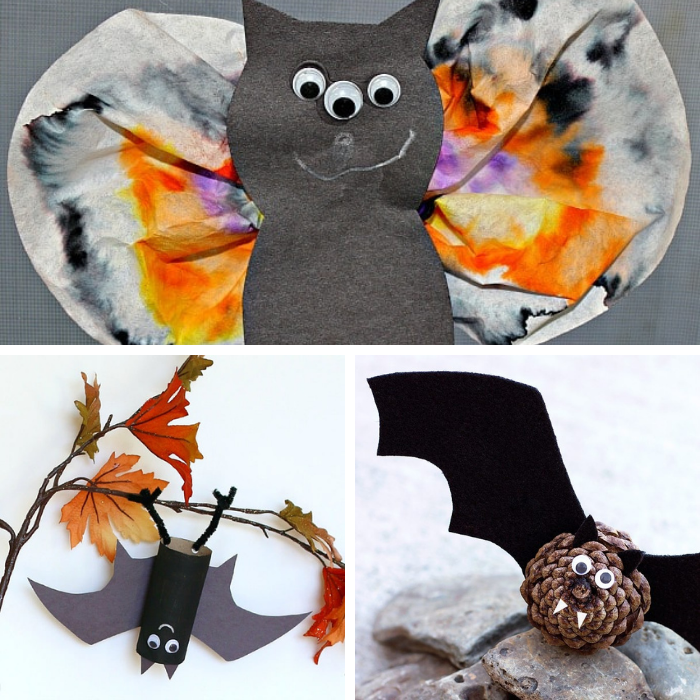 Collage of three bat-themed crafts for kids.