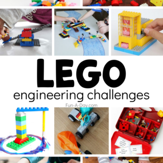 Collage of preschool lego ideas with text that reads lego engineering challenges