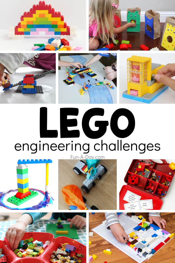 Collage of preschool lego ideas with text that reads lego engineering challenges