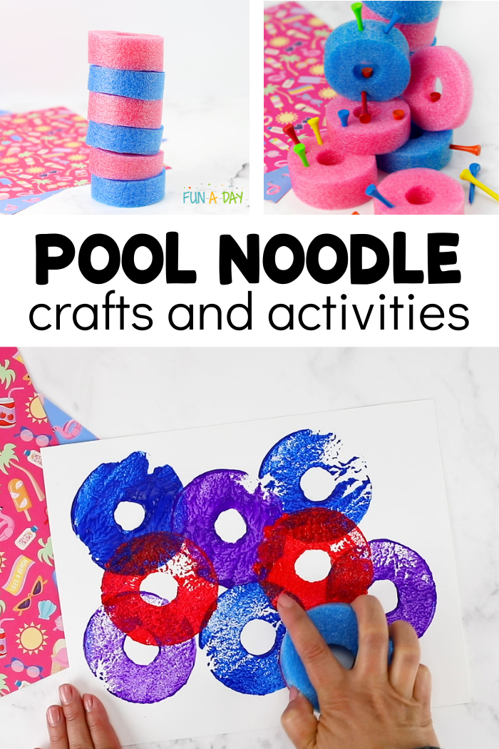 3 pool noodle ideas with text that reads pool noodle crafts and activities
