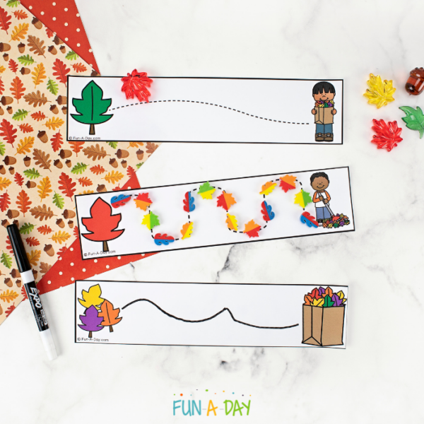 fall fine motor strips with manipulatives