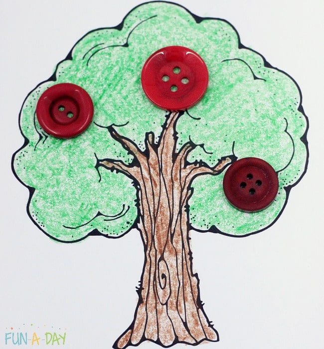 apple tree clip art colored with crayons with three red buttons on top