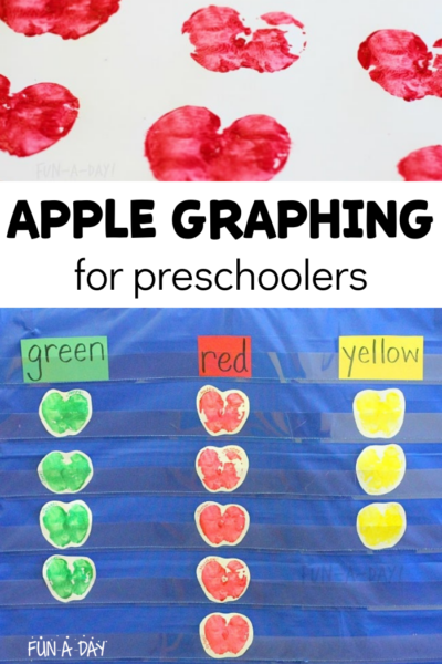 Red apple prints and apple graph with text that reads apple graphing for preschoolers