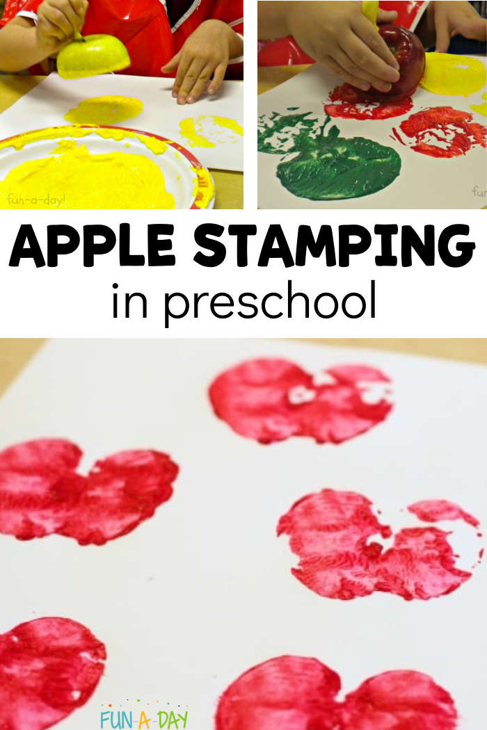 collage of preschoolers painting with apples with text that reads apple stamping in preschool