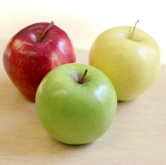 red, green, and yellow apples for preschool apple graphing