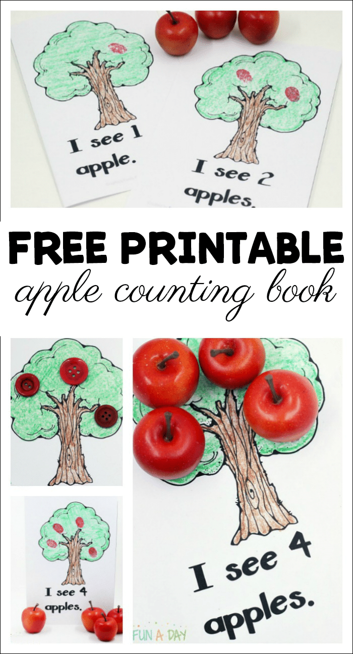 pinnable collage of apple book with text that reads free printable apple counting book