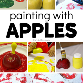 collage of preschool apple stamping with text that reads painting with apples