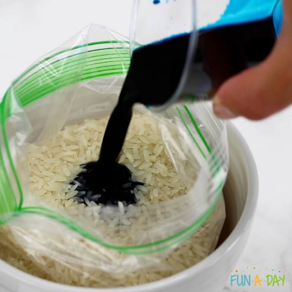dyeing rice for a sensory bin