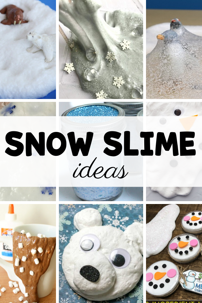 Collage of snow slimes with text that reads snow slime ideas.