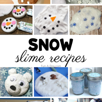 Collage of snow slimes with text that reads snow slime recipes.
