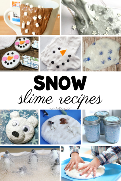 Collage of snow slimes with text that reads snow slime recipes.