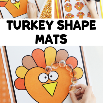 collage of child exploring shapes with text that reads turkey shape mats
