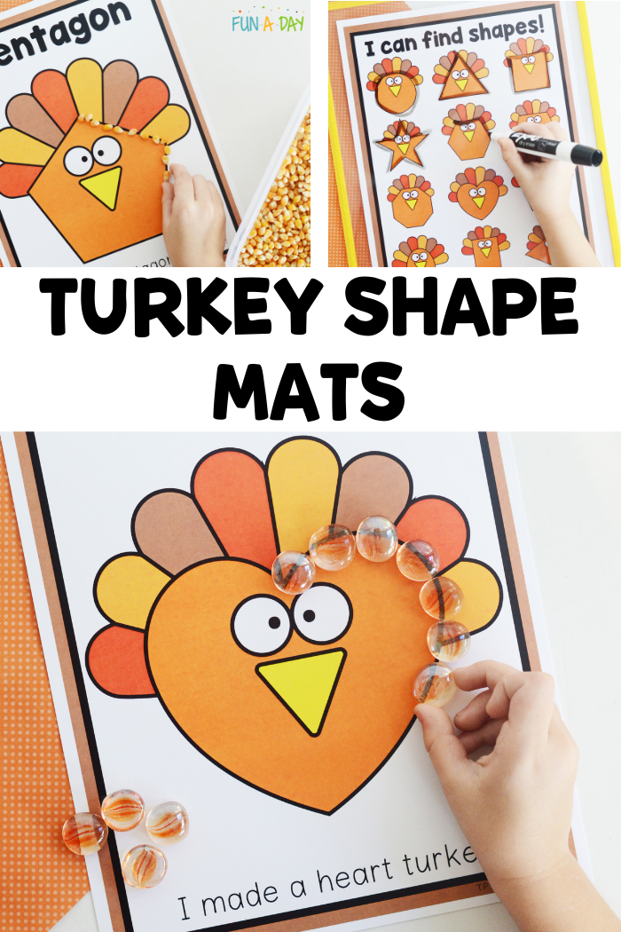 collage of child exploring shapes with text that reads turkey shape mats