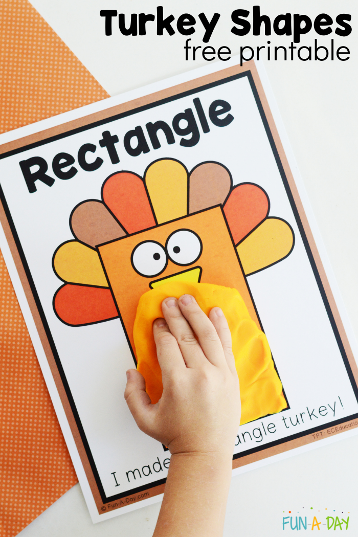 preschooler adding play dough to rectangle turkey with text that reads turkey shapes free printable