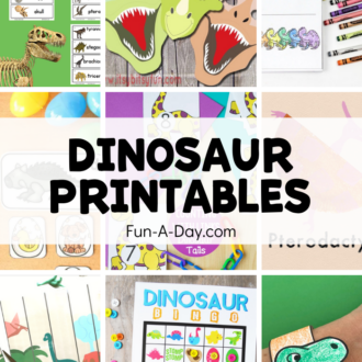 Collage of 9 images of free dinosaur printables for preschool kids and classrooms