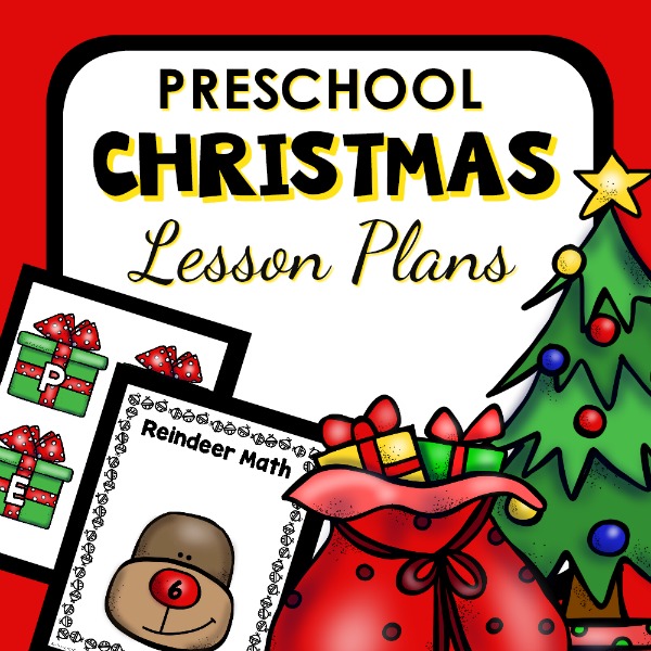 image with christmas objects: a tree, presents and reindeer, with copy that reads: Preschool Christmas Lesson Plans