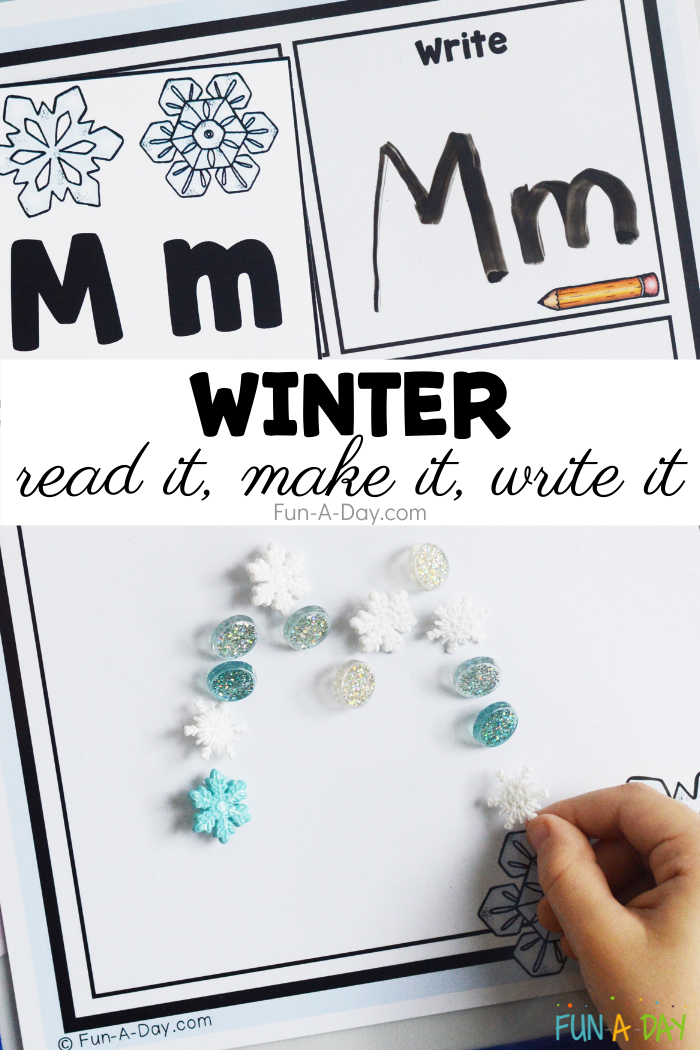 child's hand using free winter letter printable with text that reads winter read it, make it, write it
